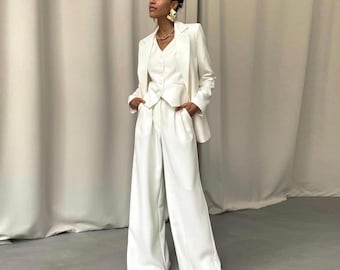 Weißer Braut Hosenanzug Set - Maßgeschneiderter Blazer, Weste & Hose mit weitem Bein