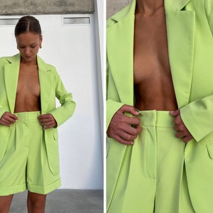 Solid Color High Waisted Shorts 3 Piece Set, Suits For Women, High Waisted Shorts and Oversize Jacket image 2