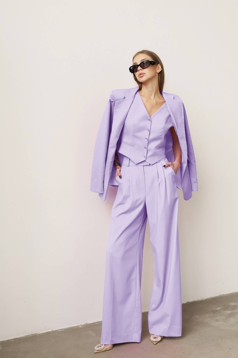 Lilac Women Vest, Lavender Formal Pantsuit, Purple Suit, Business Suit, 3-Piece Suit, Palazzo Set, Wedding, Prom, Bridesmaid, Party image 5