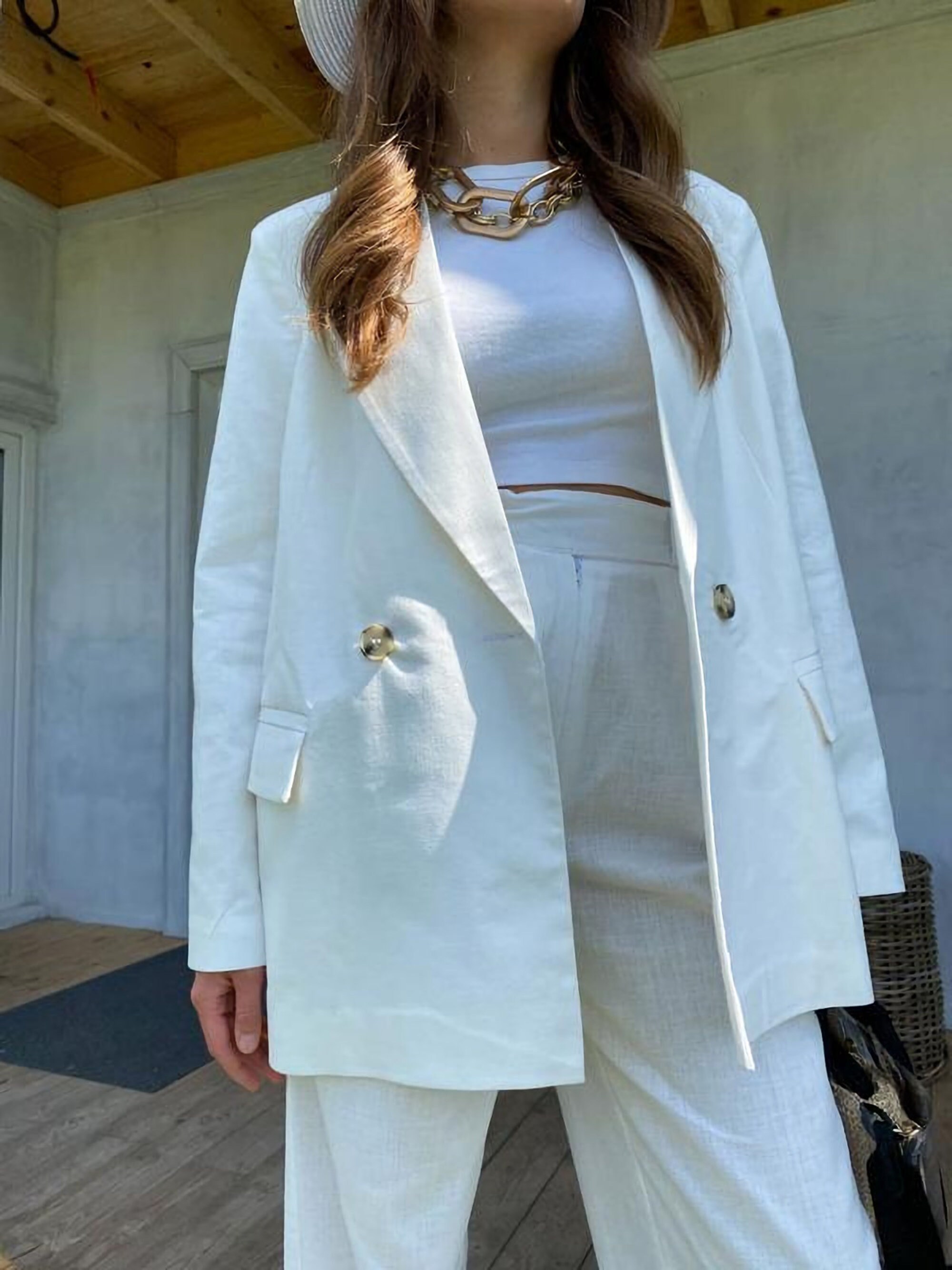 White linen suit Pants suit Linen Palazzo Pants Linen Suit | Etsy