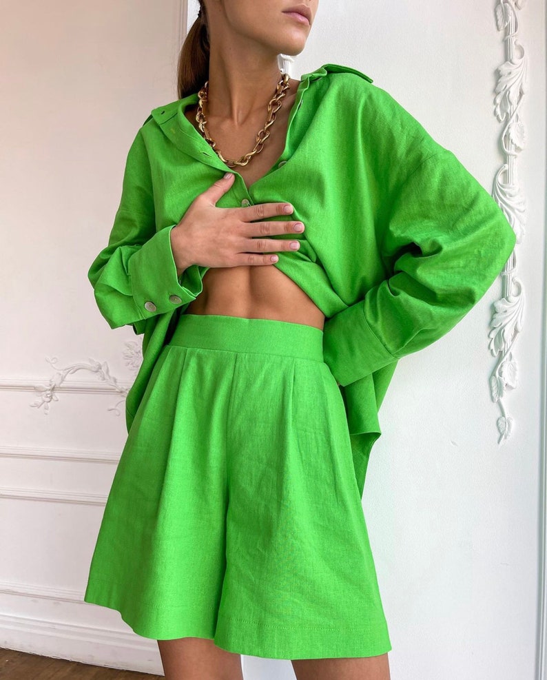 Linen shirt and short Soft linen suit Green linen set Women Etsy