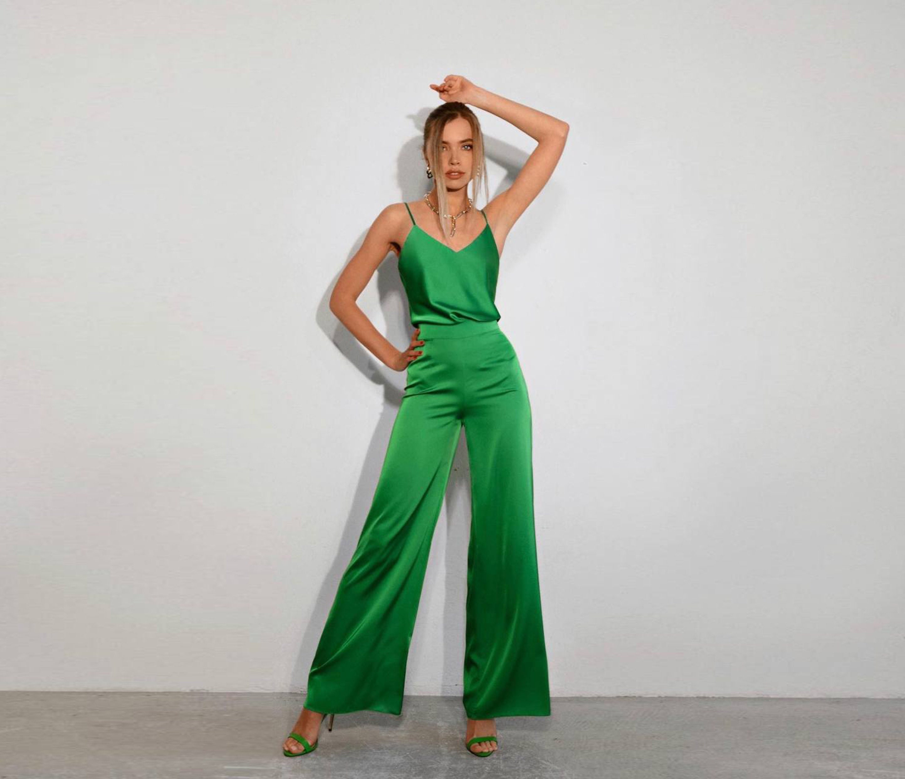 Green Silk Pant Suit for Women, Satin Two Piece Summer Set, Two
