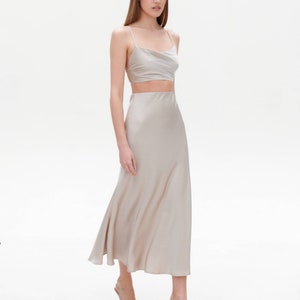 Beige 100% silk slip skirt satin skirt midi beige midi a-line skirt bias cut slip silk satin skirt trends fall outfits image 3