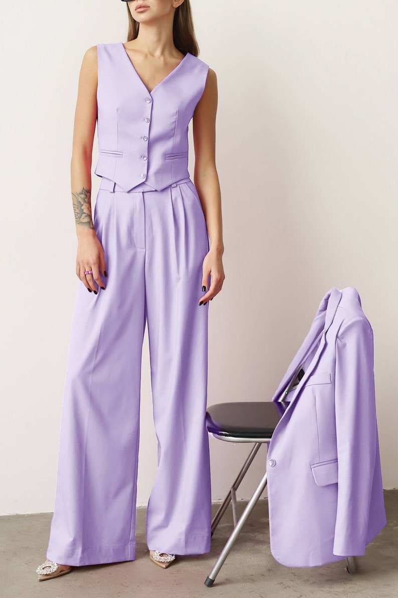 Lilac Women Vest, Lavender Formal Pantsuit, Purple Suit, Business Suit, 3-Piece Suit, Palazzo Set, Wedding, Prom, Bridesmaid, Party image 1