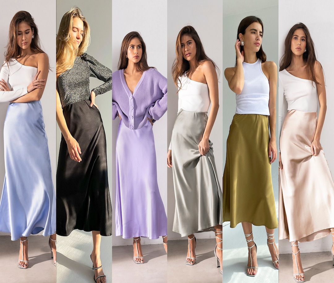 Many Colors Silk Satin Skirt Bias Cut Stretch Silk Slip Skirt Midi Silk ...