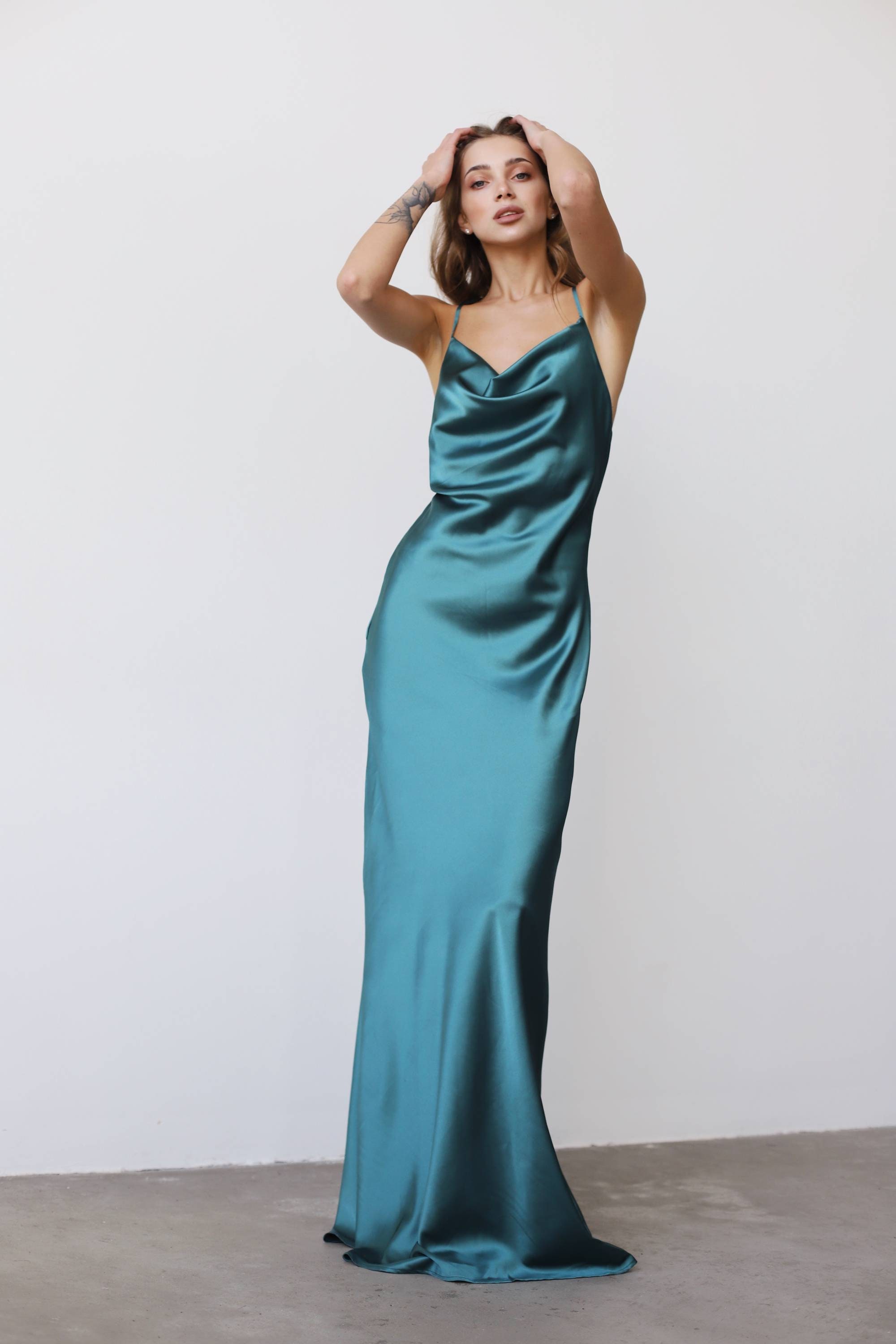 Emerald Green Maxi Dress: Silk Satin, Cowl Neck, Custom Fit