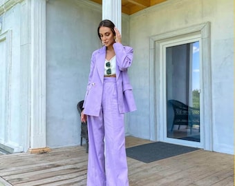 Ensemble tailleur-pantalon en lin : blazer lavande et pantalon palazzo (coupe personnalisée)