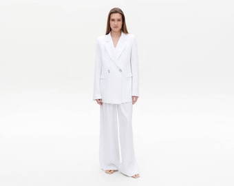 White Linen Pants Suit - Custom Tailored Palazzo Blazer Set