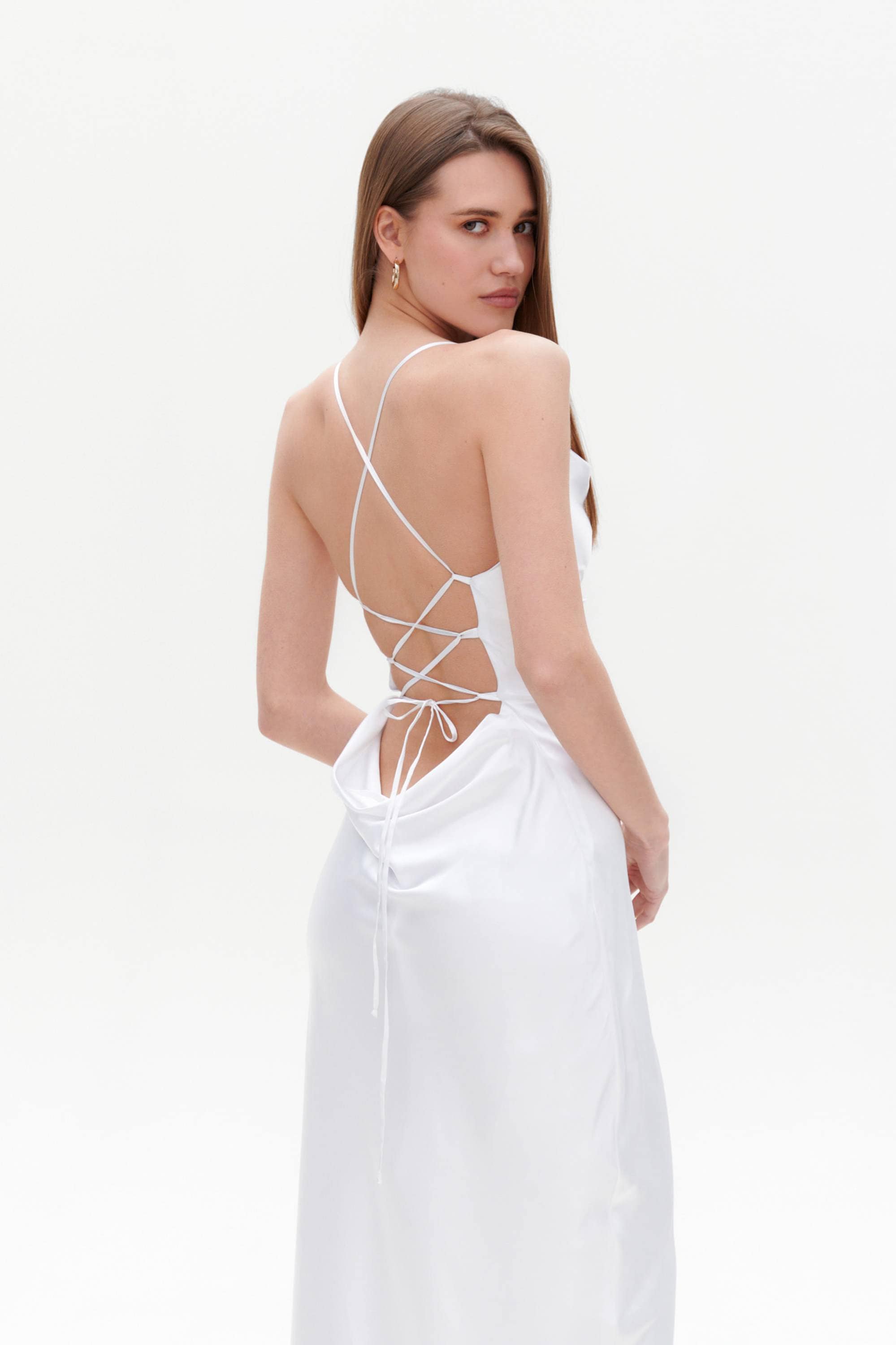 white lace cowl neck lace up back midi dress Meadow Lace Midi Dress - Ivory