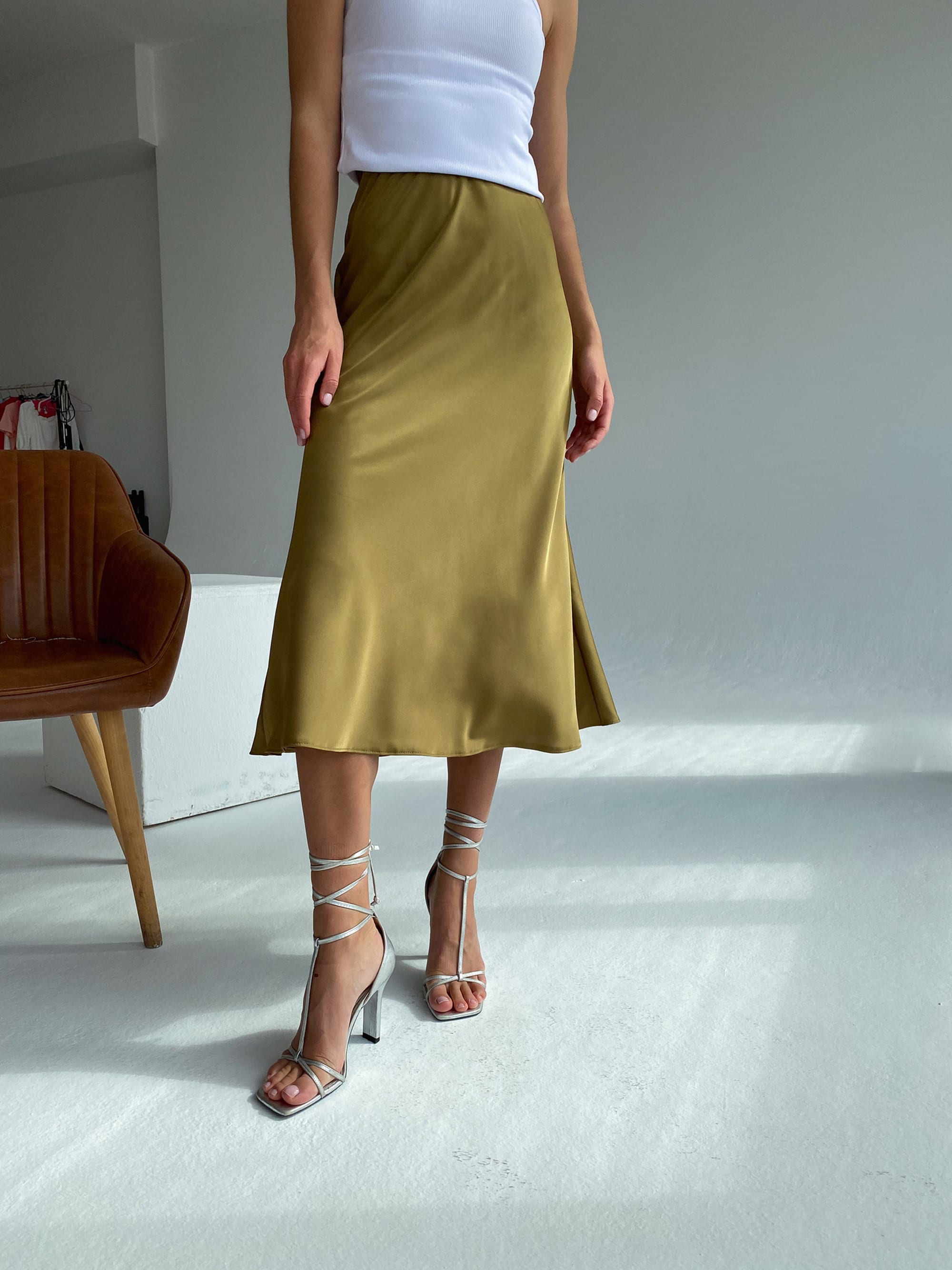 Mos Mosh Briana Long Bias Cut Silky Skirt Silver Grey