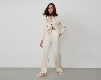 White satin suit, Silk Pant Suit for Women, Shirt and pants, Satin suit, Two Piece Summer Set, Summer suit, Wide pants, Daily wear
