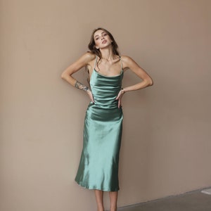 Green Midi Dress, Silk Slip Dress, Olive Bridesmaid Dress, Wedding Guest, Bachelorette Party, Satin Date Dress, Open Back Midi, Cowl Neck image 2