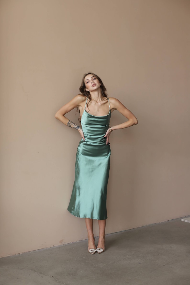 Green Midi Dress, Silk Slip Dress, Olive Bridesmaid Dress, Wedding Guest, Bachelorette Party, Satin Date Dress, Open Back Midi, Cowl Neck image 2