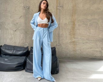 Blue High Waisted Palazzo Pants: Chic Wide Leg Trousers with Pockets