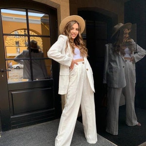 Linen suit, Creamy linen pants, Linen jacket, Linen pants, Linen blazer, Linen trousers, Linen set, Long pants, Women linen suit