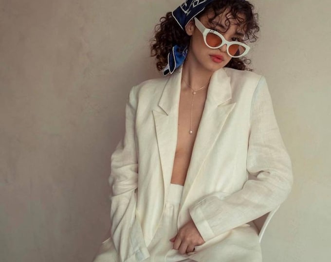 Milk Linen Palazzo Pants Suit: Custom Women's Linen Blazer