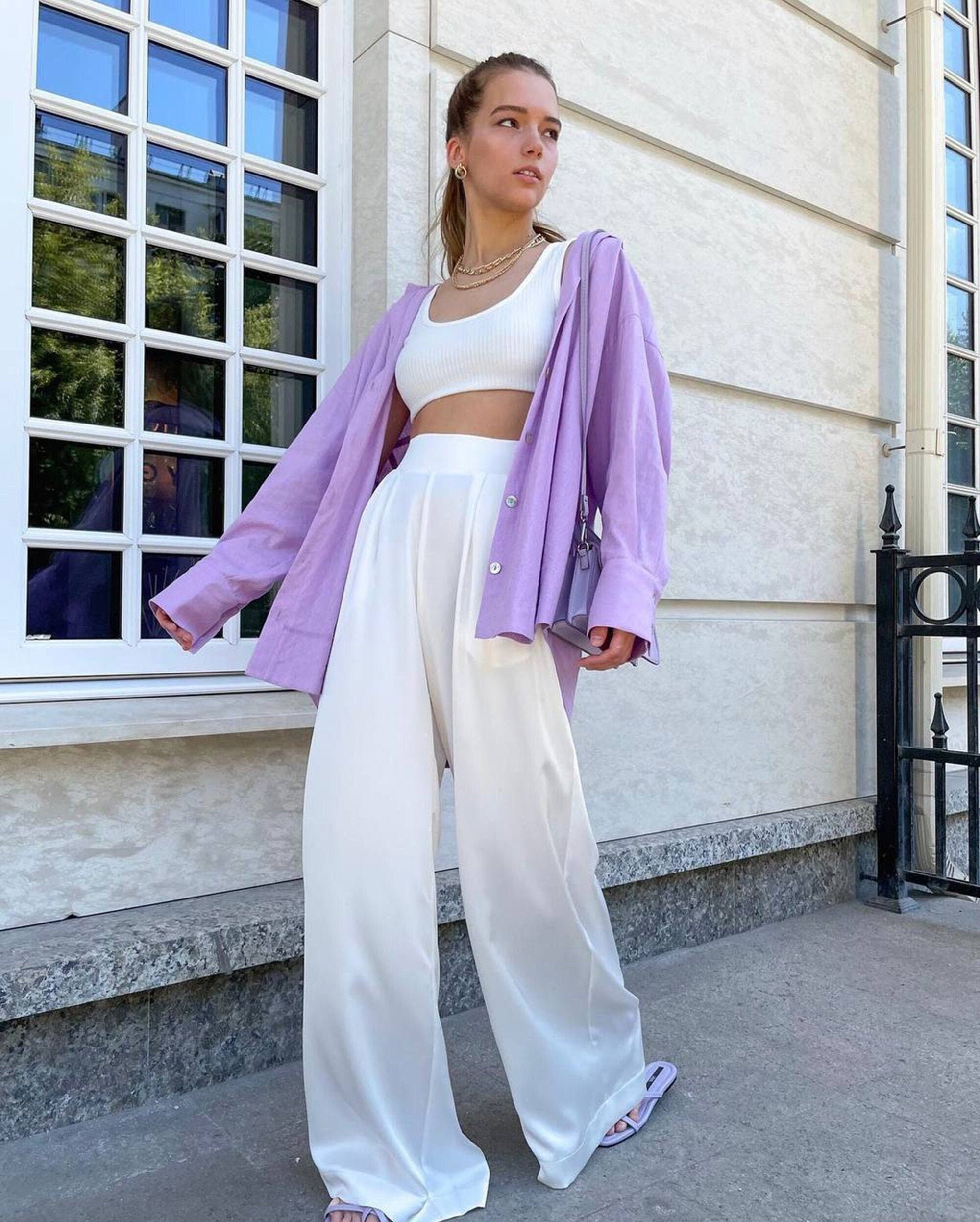 Off White Satin Pants Set Silk Wide Leg Pants Set Loose Satin Trousers Set  Womens Elastic High Waist Wedding Silk Satin Pajamas 