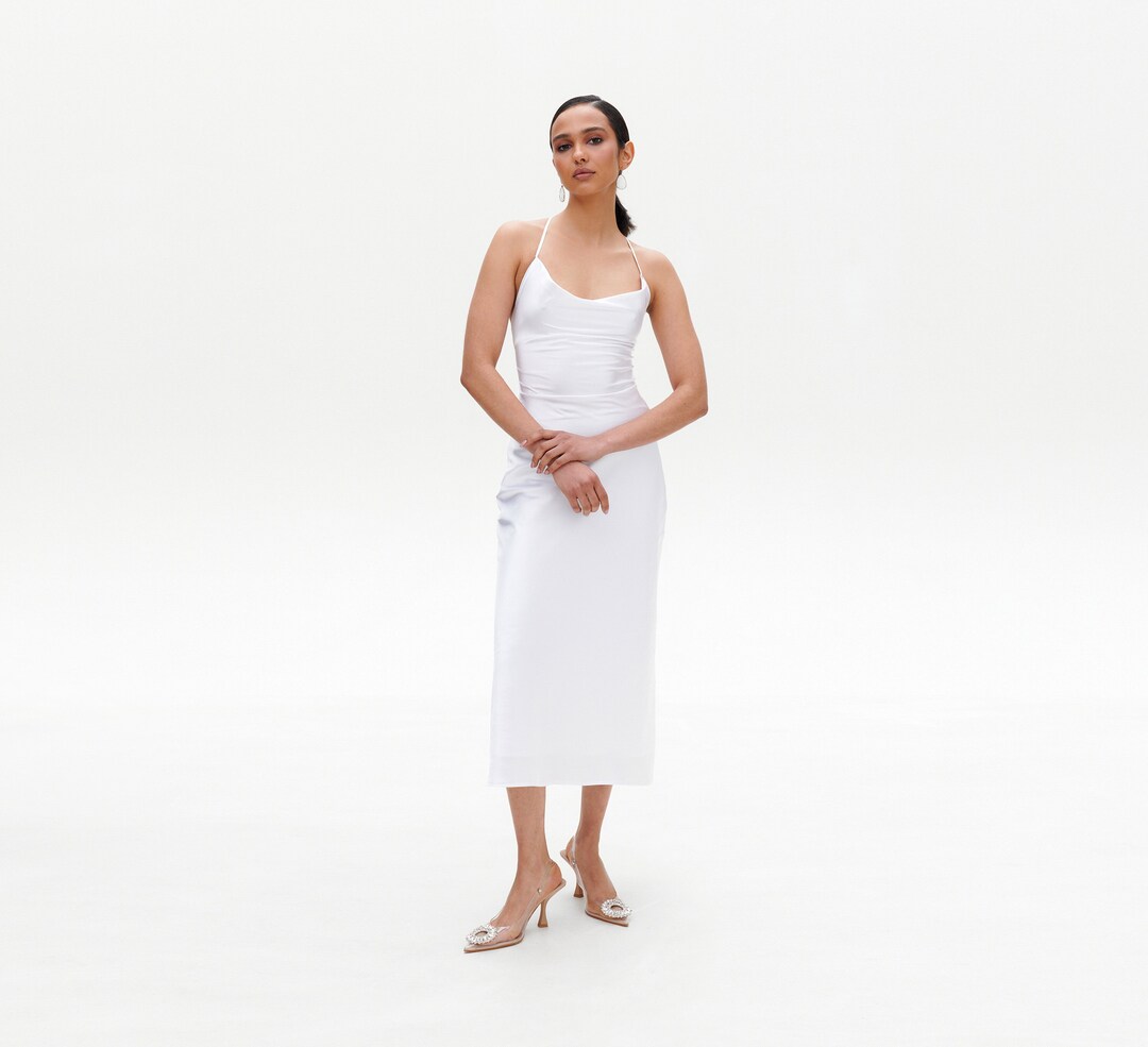 satin cowl back midi slip dress Blue Satin Cowl Neck Backless Slip Midi Dress
