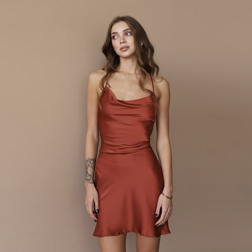 Silk Satin Mini Dress: Terracotta Rust, Cowl Neck - Lace-Up Back Silk Satin Mini Dress: Terracotta Rust, Cowl Neck - Lace-Up Back