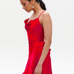 Red Silk Slip Dress, Silk Slip Dress of Mini Length, Red Cowl Neck Silk Slip Dress for Special Occasions, Red Silk Mini Dress image 7