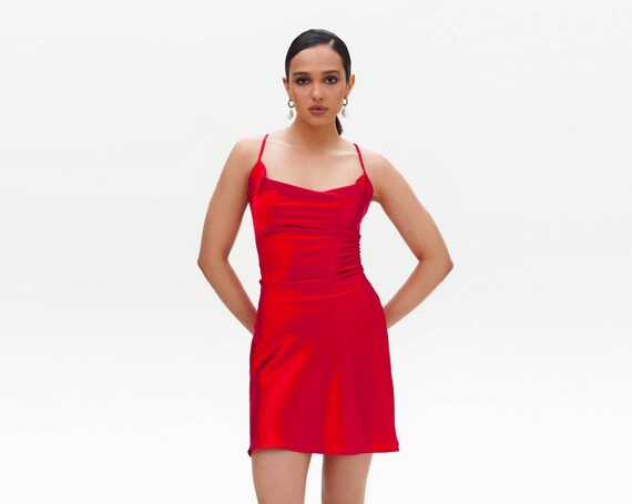 red cowl neck mini dresses Open-Back Short Halter Homecoming Dress with Cowl Neck Red / 00