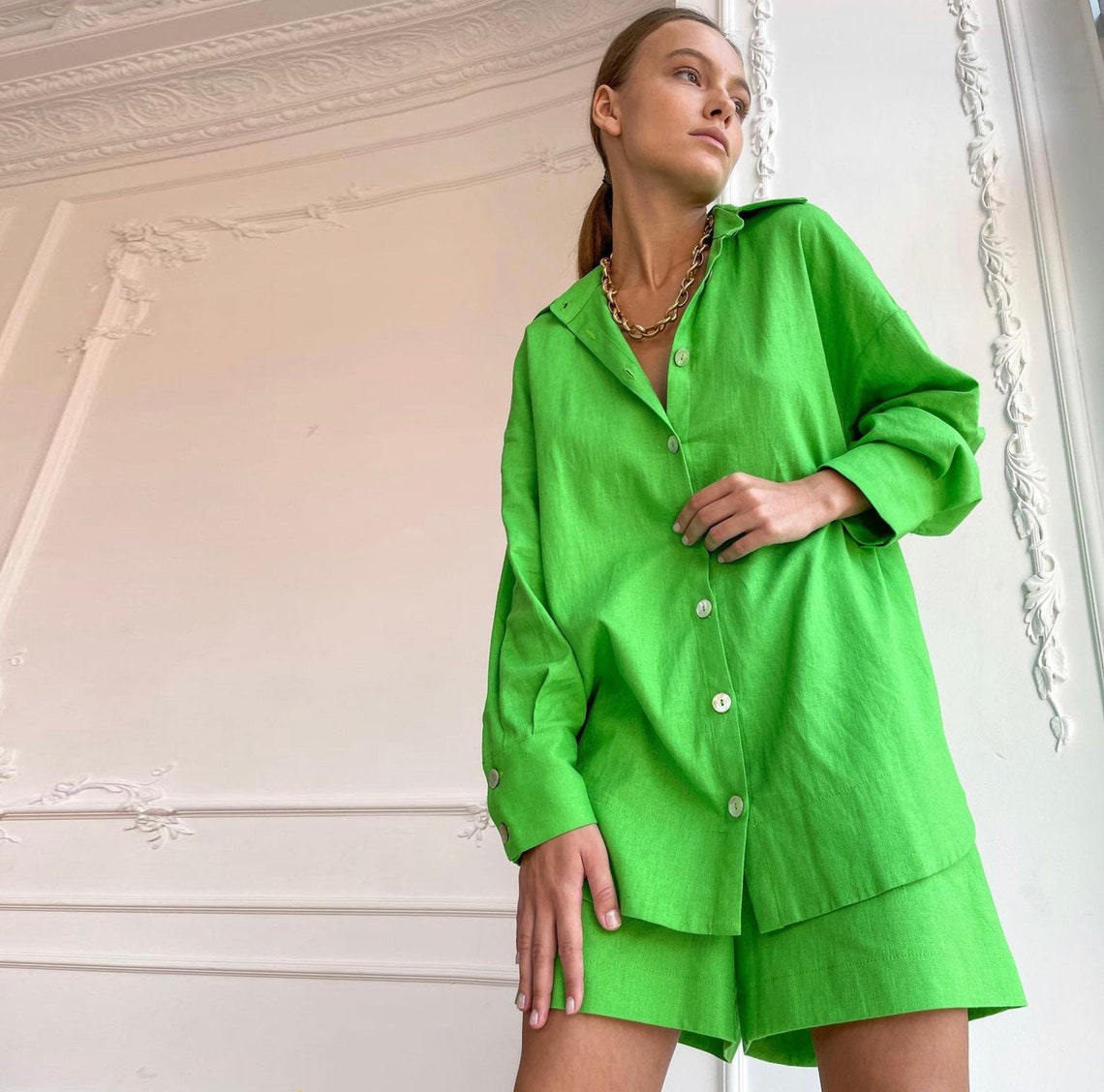 Linen shirt and short Soft linen suit Green linen set Women Etsy