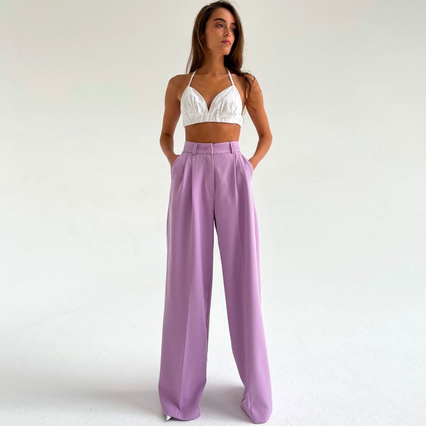 Wide Leg Pants / Women Full Length Pants / High Quality Pants / Simple-Casual Pants / Relaxed Pants / Lilac pants / Lavender pants woman