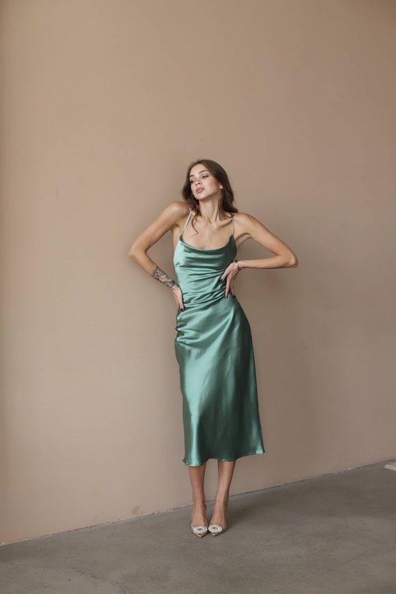 Green Silk Satin Midi Dress, Cowl Neck, Open Back (custom Made) - Etsy UK