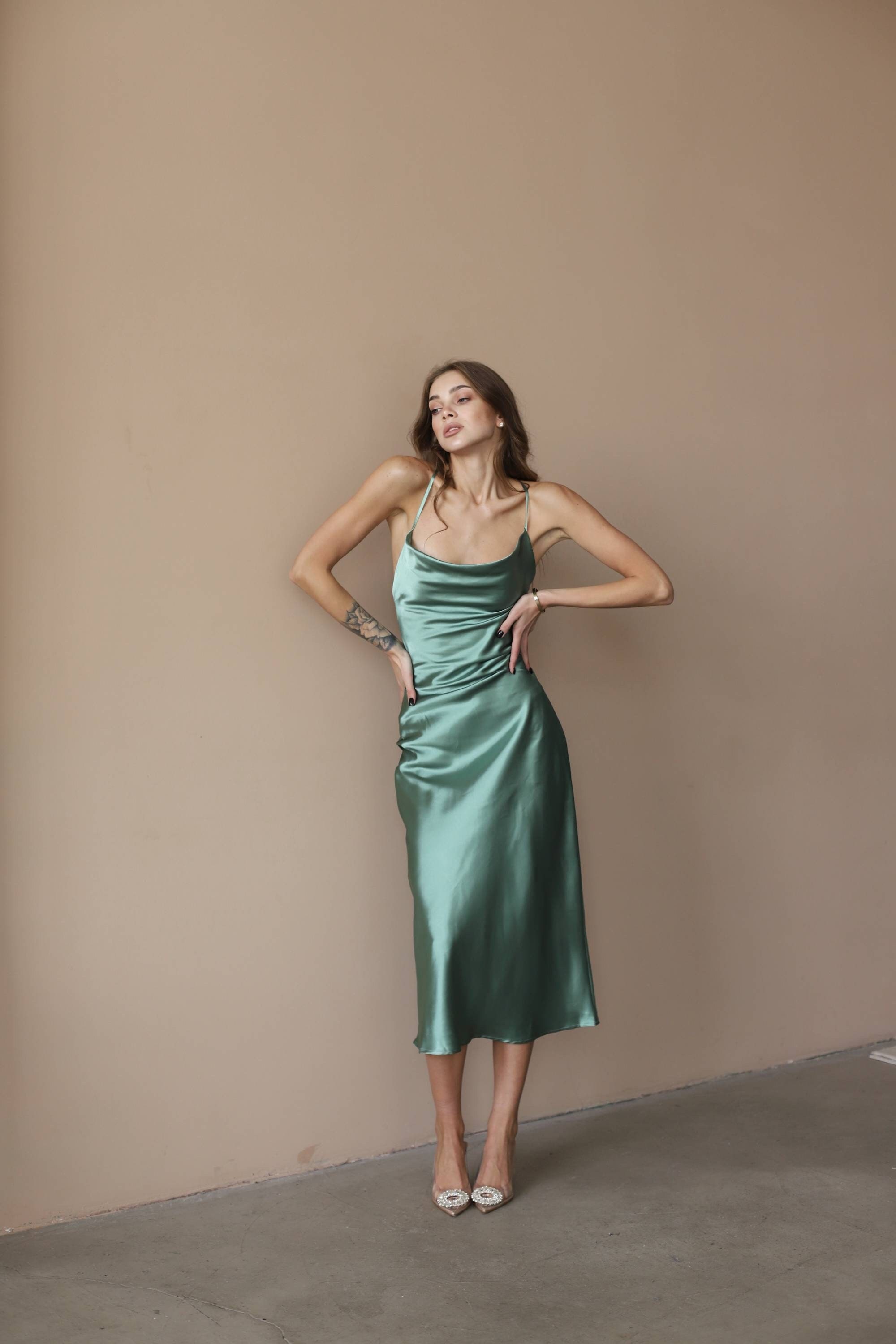 Green Silk Satin Midi Dress, Cowl Neck, Open Back (Custom Made)