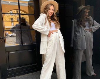 Creamy White Linen Suit - Tailored Blazer with Matching Pants