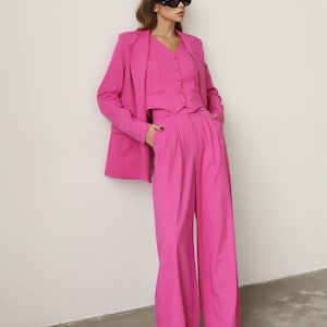 Costume fuchsia, Tailleur-pantalon pour femme, Ensemble tailleur pantalon, Costume de travail, Costume de bal de promo, Mariage, Dîner de répétition générale, Vêtements de cérémonie, Pantalon palazzo image 6