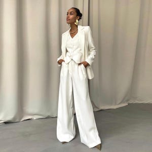 Custom Bridal Pantsuit for Bride, White 3 Piece Wedding Suit with Pants, Vest and Blazer, Tailored Wide Leg Trousers, Wedding Outfit