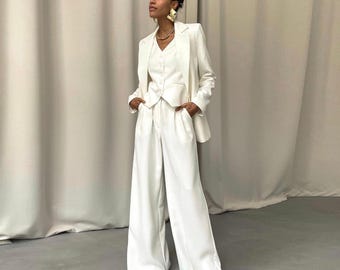 Custom Bridal Pantsuit for Bride, White 3 Piece Wedding Suit with Pants, Vest and Blazer, Tailored Wide Leg Trousers, Wedding Outfit