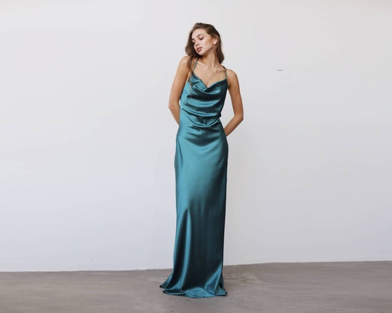 Emerald Green Maxi Dress: Silk Satin, Cowl Neck, Custom Fit Emerald Green Maxi Dress: Silk Satin, Cowl Neck, Custom Fit