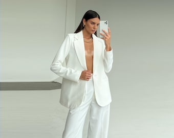 Women's Suit Set, White Blazer and Pants (Custom Tailored Fit)