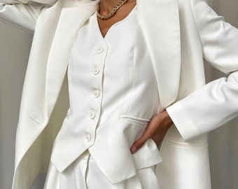 White 3 Piece Wedding Suit Bridal Suit Wedding Pantsuit For Bride 4 Piece White Pants Suit with Blazer Shorts and Vest