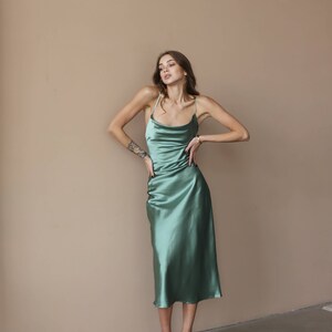 Green Midi Dress, Silk Slip Dress, Olive Bridesmaid Dress, Wedding Guest, Bachelorette Party, Satin Date Dress, Open Back Midi, Cowl Neck image 7