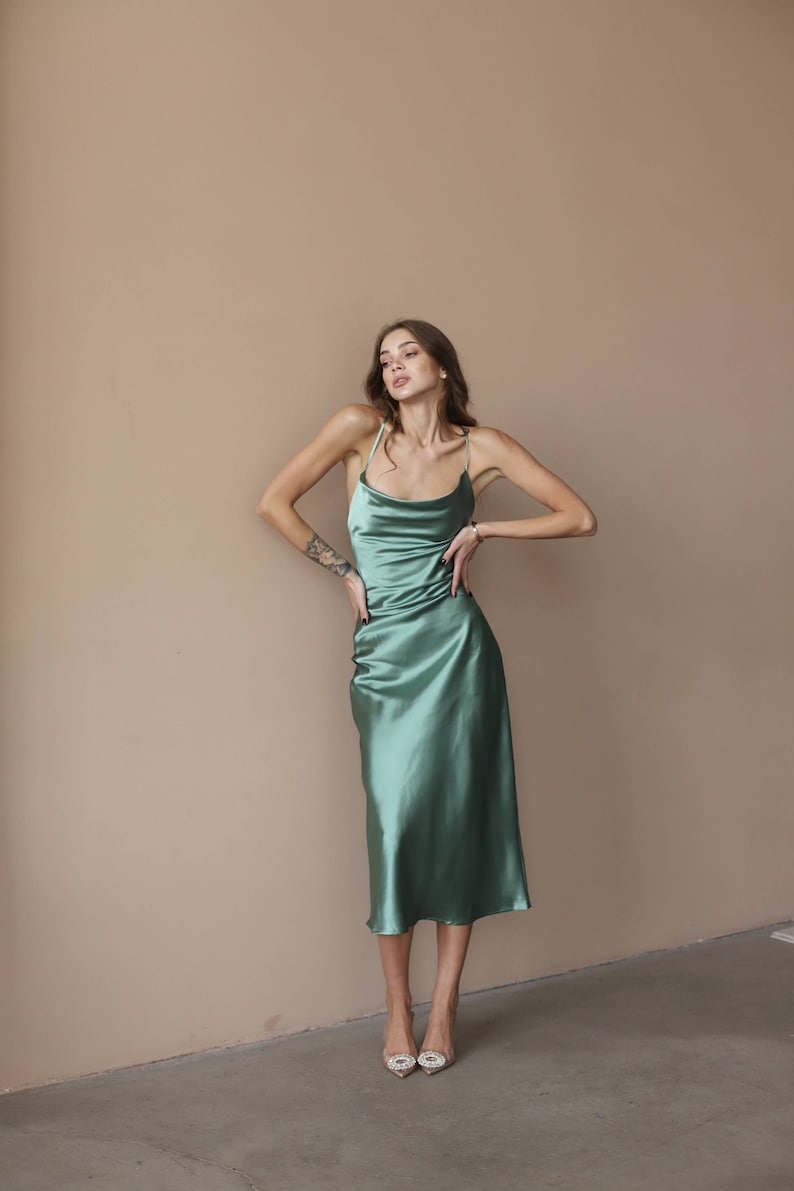 Green Midi Dress, Silk Slip Dress, Olive Bridesmaid Dress, Wedding Guest, Bachelorette Party, Satin Date Dress, Open Back Midi, Cowl Neck image 7