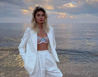 White Blazer and Shorts Suit: Soft Fabric, Milk Color - Custom Fit