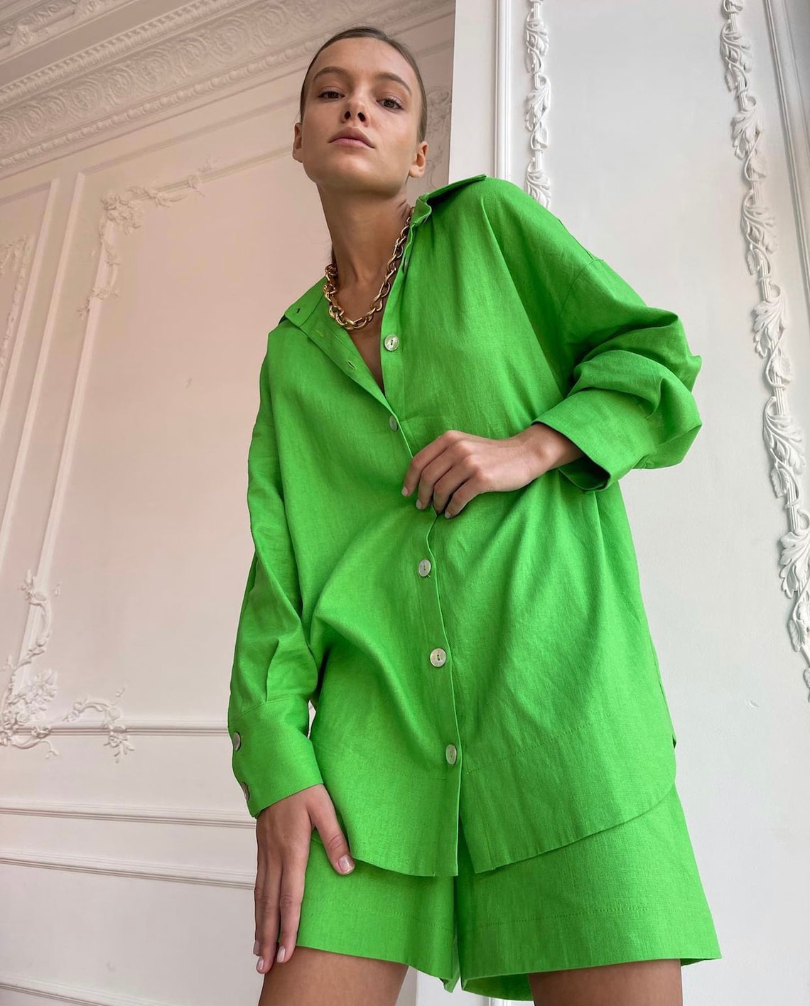 Linen shirt and short Soft linen suit Green linen set Women Etsy