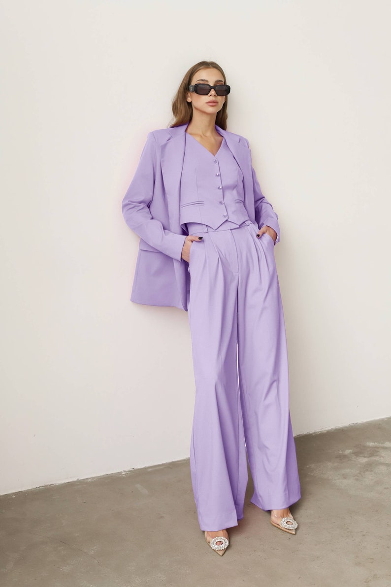 Lilac Women Vest, Lavender Formal Pantsuit, Purple Suit, Business Suit, 3-Piece Suit, Palazzo Set, Wedding, Prom, Bridesmaid, Party image 6