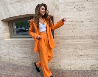 Custom Linen Pants Suit: Vintage Style Blazer & Palazzo Pants