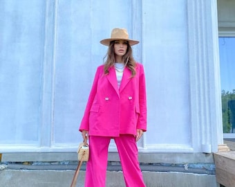 Custom Pink Linen Pants Suit, Women's Blazer and Trousers (Tailored Fit)