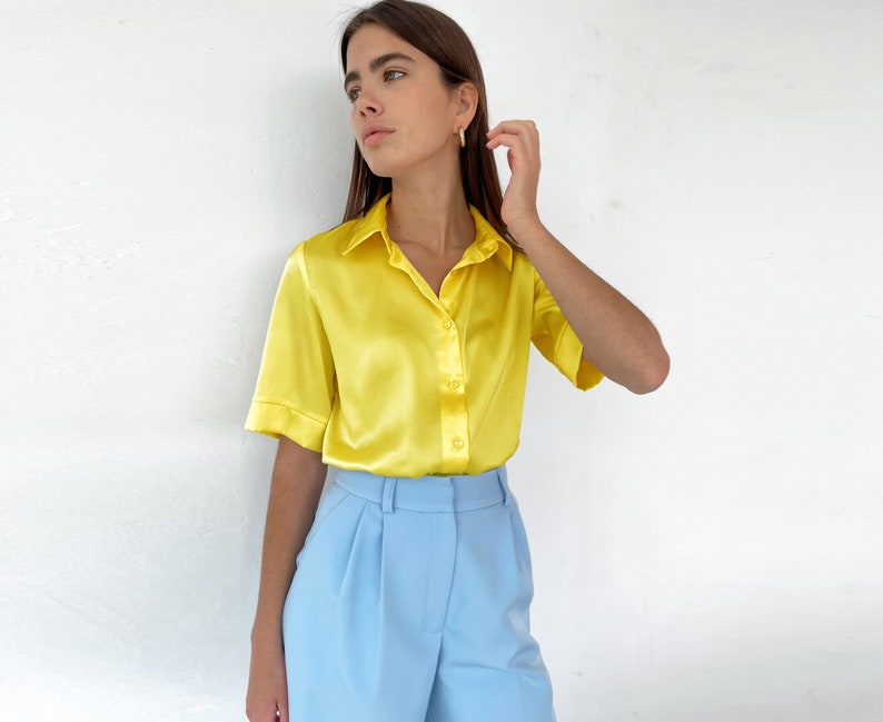 Yellow Silk Blouse, Silk Shirt Women, Yellow Satin Blouse, Silk Satin Blouse, Silk Shirt, Satin Shirt, Yellow Satin Shirt, Yellow Silk Shirt image 1