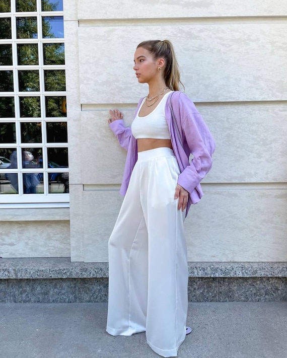 Pantalones de saten blanco pantalones largos de pierna ancha para mujer pantalones de mujer de cintura alta de seda pantalones palazzo de saten pantalones de seda satinado pantalones de saten blanco