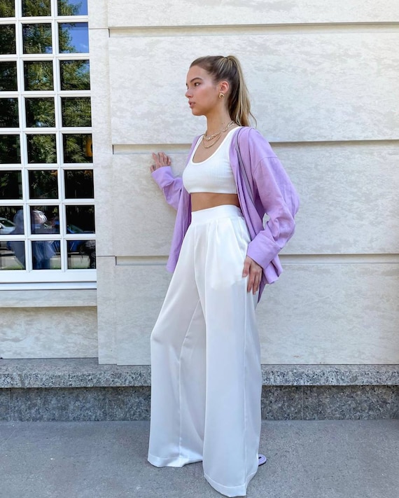 Buy White Satin Pants, Wide Leg Long Pants for Women, Silk High Waisted  Women Pants, Satin Palazzo Pants, Satin Silk Pants, White Satin Trousers  Online in India 