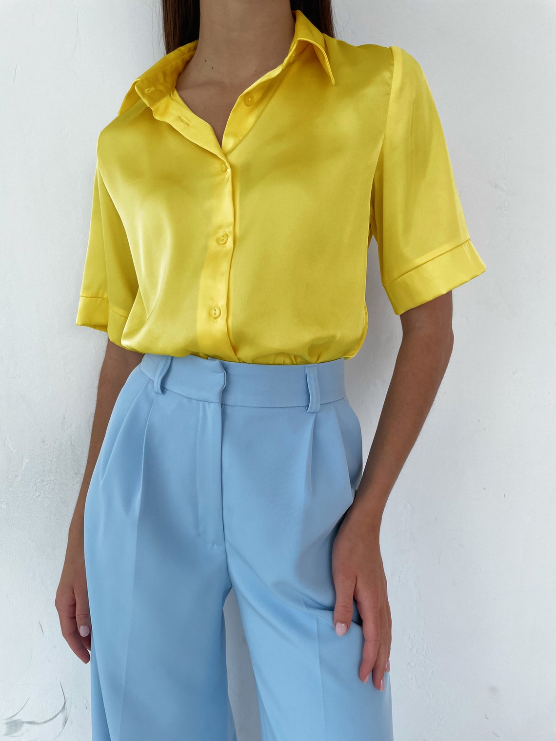 Yellow Silk Blouse Silk Shirt Women Yellow Satin Blouse Etsy