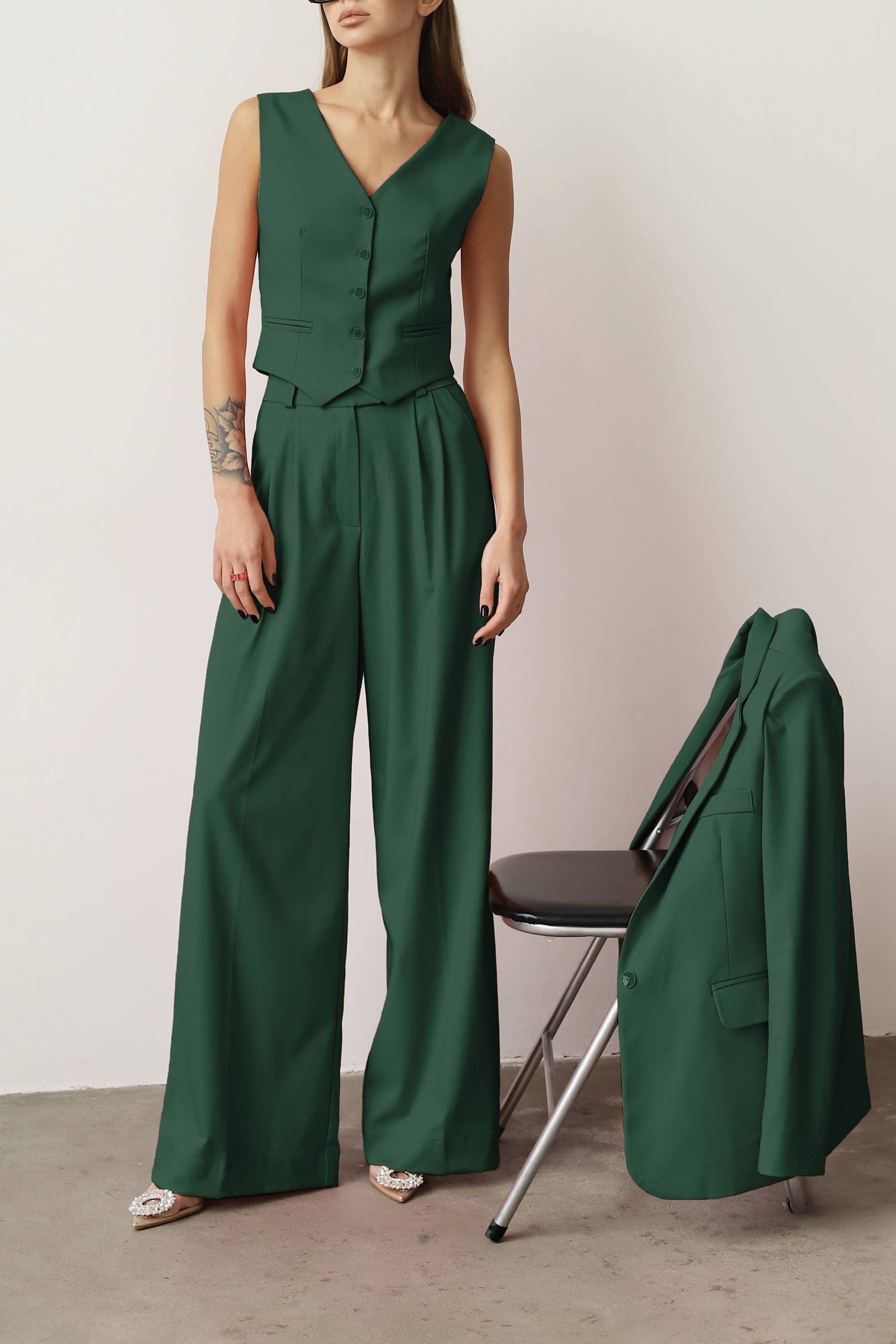 dark green dress pants women Suit, Woman Emerald Suit, Wide Leg Pants, Wedding, Palazzo Pants, Formal Pantsuit, Bridesmaid Set, Cocktail Wear, Prom, Birthday Straight leg Size:AU8 - (US4) VM: Jersey Beth Disney Sleeping Beauty Aurora belt loops
