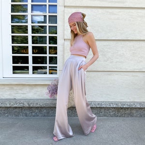 Satin Tube Top & Wide Leg Trousers  Two piece outfits pants, Silk pants  outfit, Purple top outfit