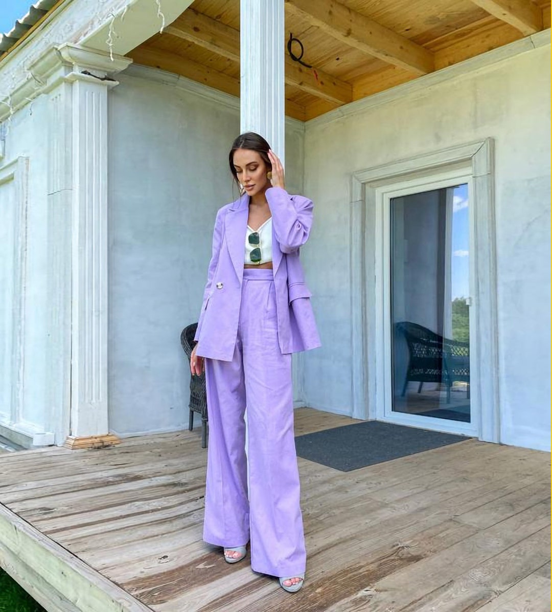 Completo in lino lilla, completo in lino da donna, completo blazer